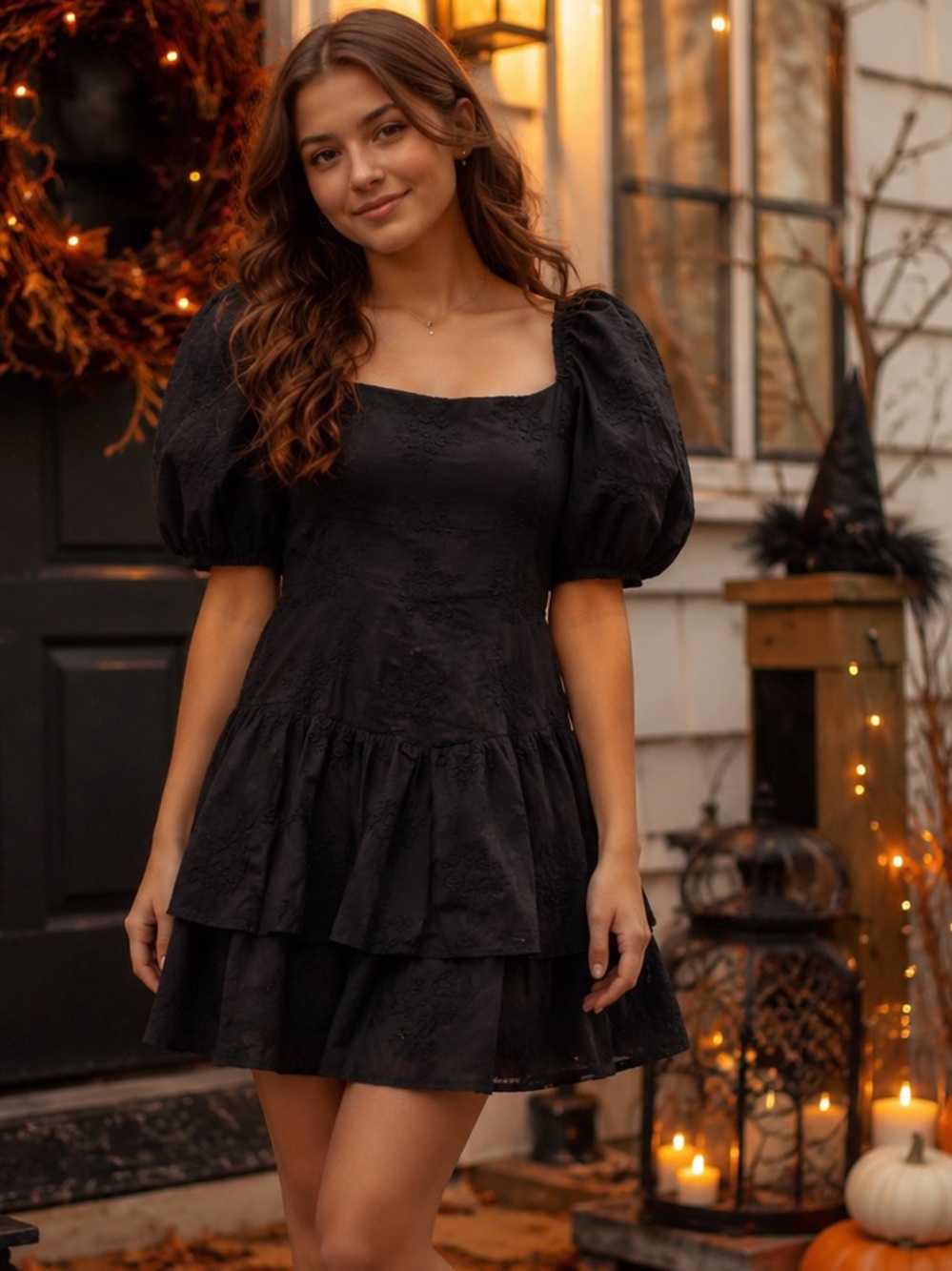 GB Girls Black Embroidered Puff Sleeve Tiered Mini Dress Girls Size L NWT